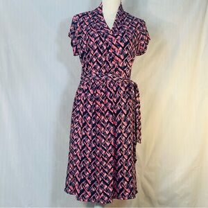 Liz Claiborne Dress Blue & Pink Geometric Jersey Faux Wrap  Cap Sleeves EUC L👍